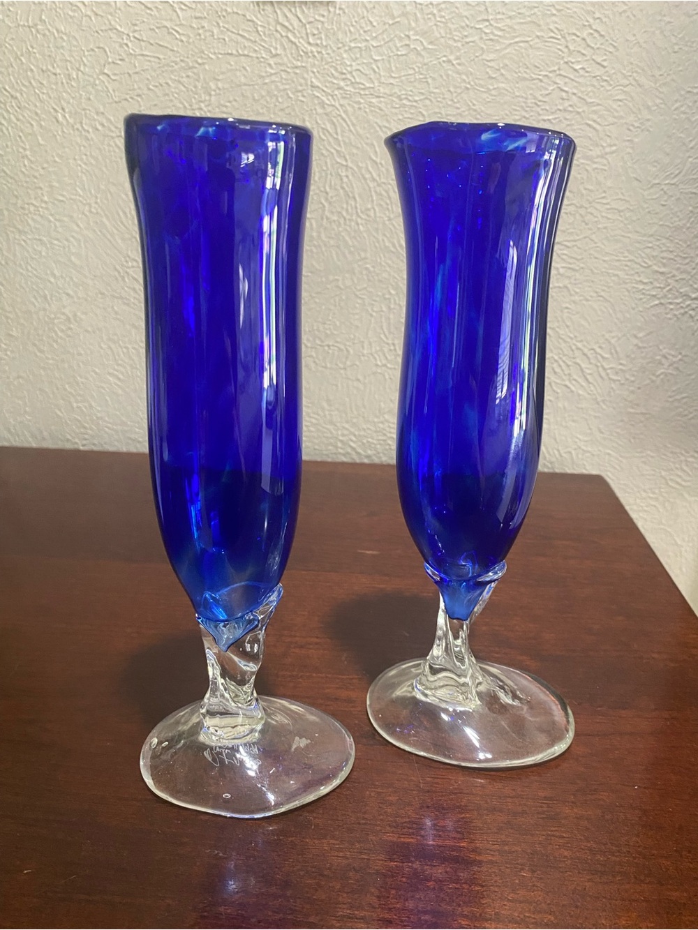 Cobalt Blue Handblown Fluted Glass Vases - Set of 2